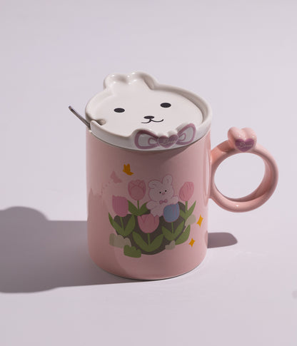 كوب سيراميك بتصميم أرانب ودببة في الحقل مع غطاء وملعقة