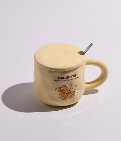 كوب قهوة سيراميك بتصميم قطع خبز مع غطاء وملعقة