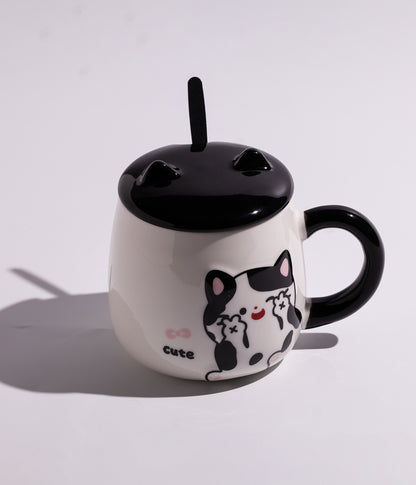 كوب سيراميك بتصميم القطة المرحة مع غطاء بأذنين وملعقة