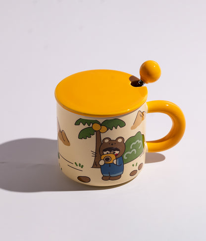 كوب سيراميك بتصميم شخصيات في الغابة مع غطاء وملعقة