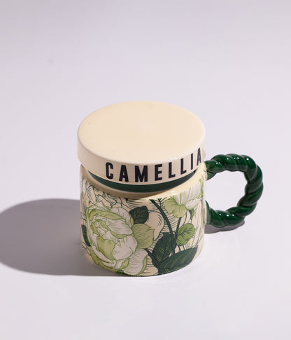 كوب سيراميك بتصميم ورود ملونة مع مقبض أخضر وغطاء محكم الاغلاق