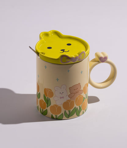 كوب سيراميك بتصميم أرانب ودببة في الحقل مع غطاء وملعقة