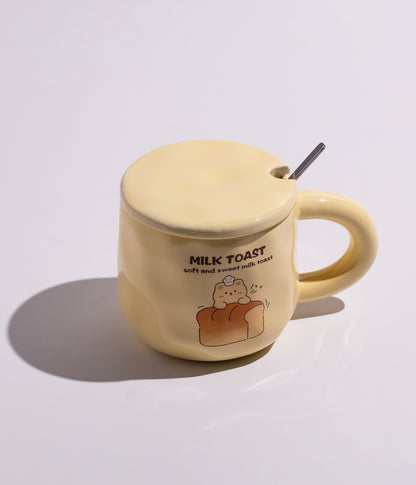 كوب قهوة سيراميك بتصميم قطع خبز مع غطاء وملعقة