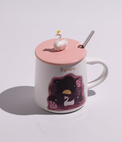 كوب قهوة سيراميك بتصميم مجسم حيوانات الغابة على الغطاء مع ملعقة
