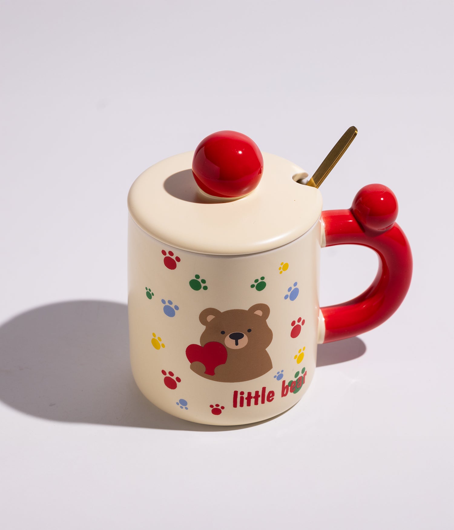كوب قهوة سيراميك برسمة دب لطيف مع غطاء وملعقة