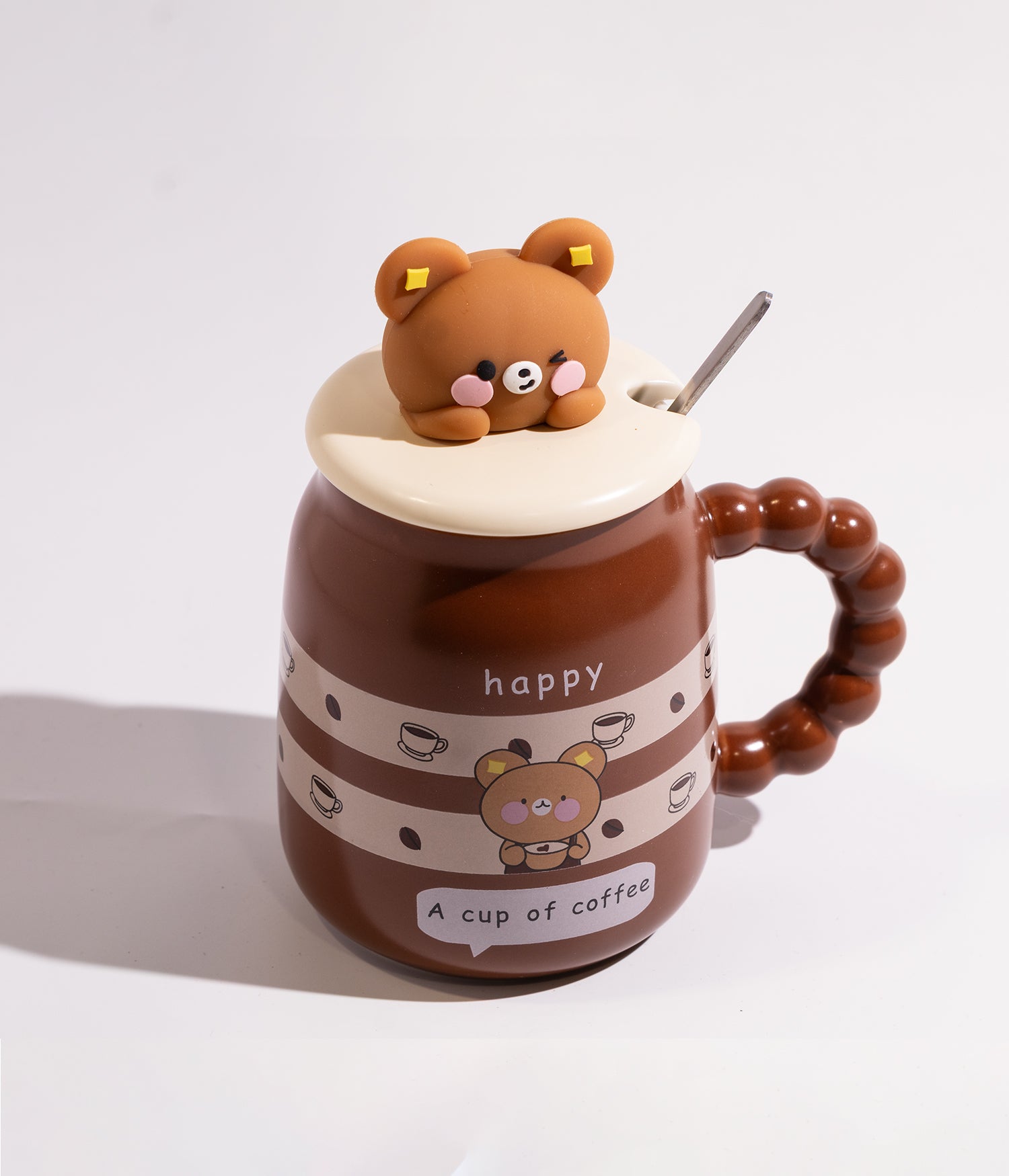 كوب سيراميك بمجسم دب بني على الغطاء مع ملعقة