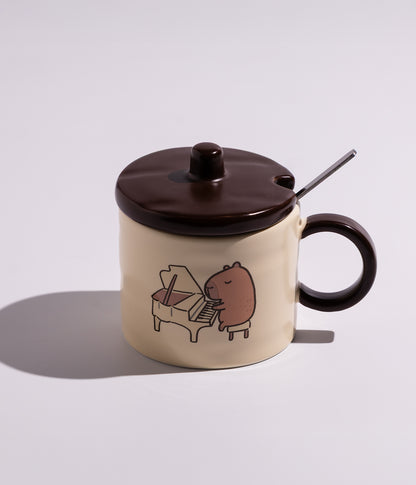 كوب سيراميك برسمة كلب البحر الموسيقي مع غطاء وملعقة