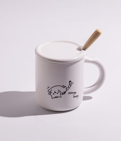 كوب قهوة سيراميك برسمة قطة مرحة مع غطاء وملعقة