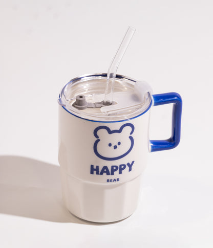 كوب سيراميك بكتابة LUCKY & HAPPY ووجه أرنب ودب مزوّد بغطاء عملي ومزاز