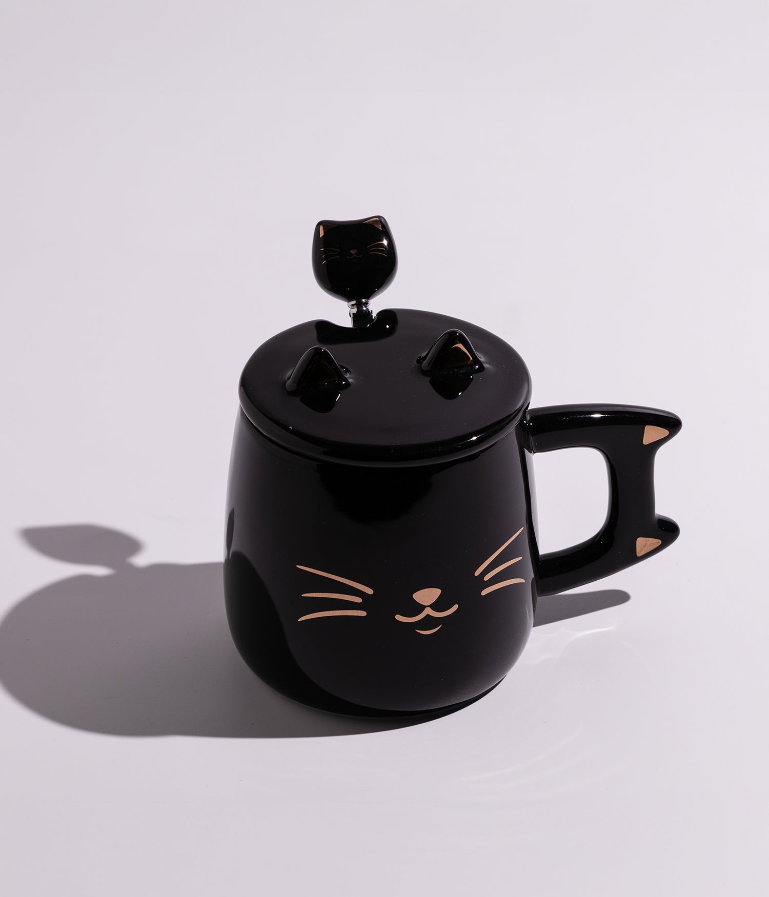 كوب سيراميك بتصميم وجه القطة مع غطاء وملعقة