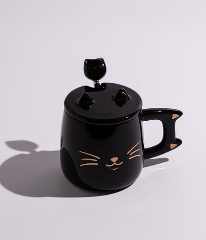 كوب سيراميك بتصميم وجه القطة مع غطاء وملعقة