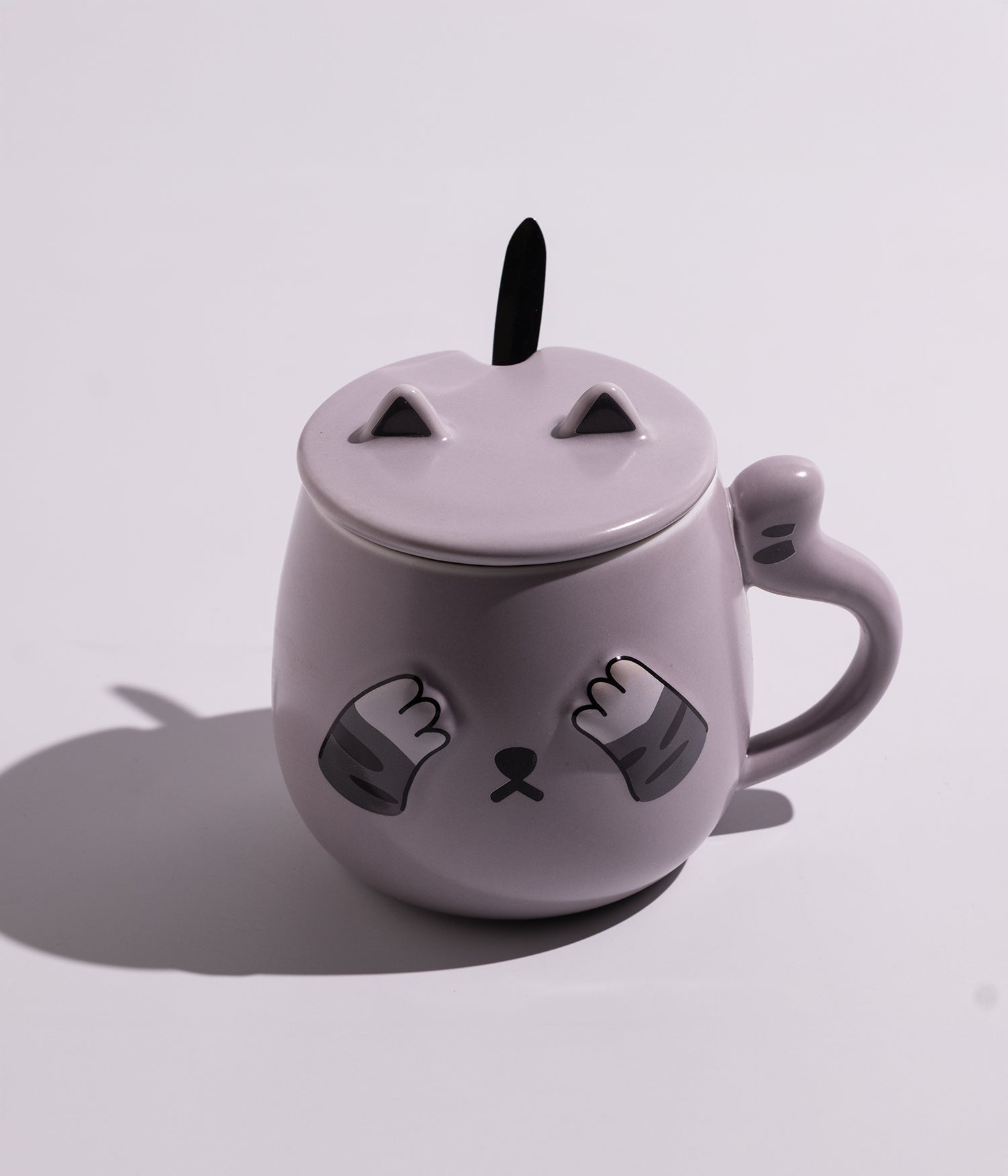 كوب سيراميك بتصميم قطة مع غطاء وملعقة