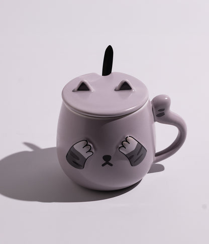 كوب سيراميك بتصميم قطة مع غطاء وملعقة