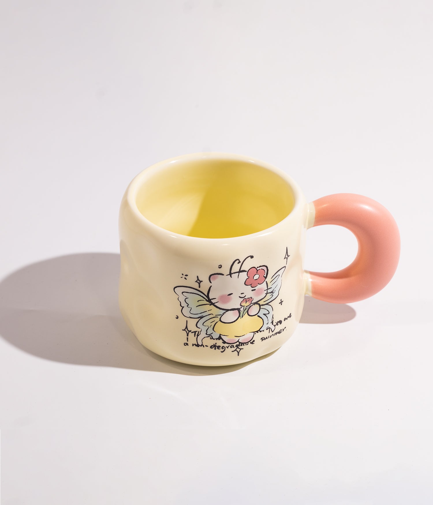 كوب سيراميك بتصميم فتاة الفراشة وملعقة وغطاء لحفظ الحرارة