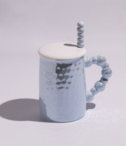 كوب قهوة سيراميك بمقبض لؤلؤ أنيق مع ملعقة وغطاء