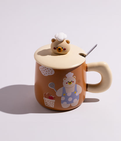 كوب سيراميك بتصميم دباديب لطيفة مع غطاء وملعقة