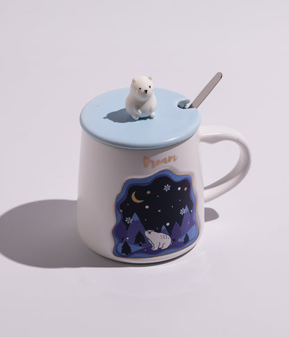 كوب قهوة سيراميك بتصميم مجسم حيوانات الغابة على الغطاء مع ملعقة