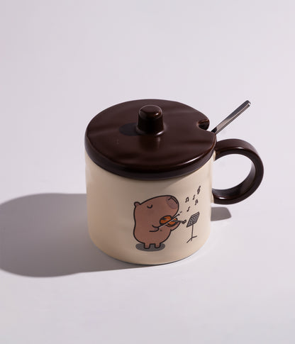 كوب قهوة سيراميك بتصميم لطيف مع غطاء وملعقة