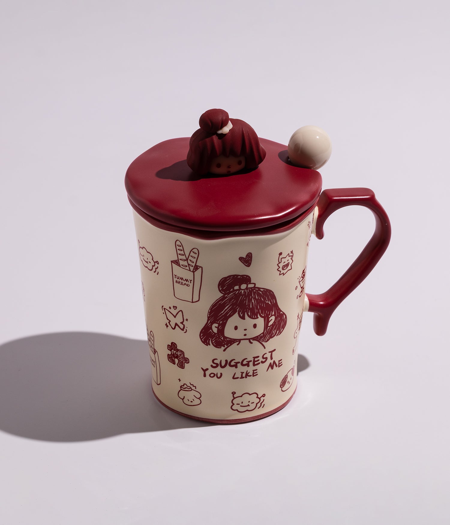 كوب سيراميك بتصميم شخصيات لطيفة مع غطاء وملعقة