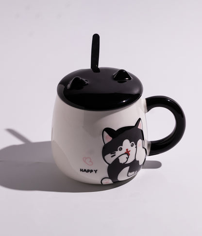 كوب سيراميك بتصميم القطة المرحة مع غطاء بأذنين وملعقة