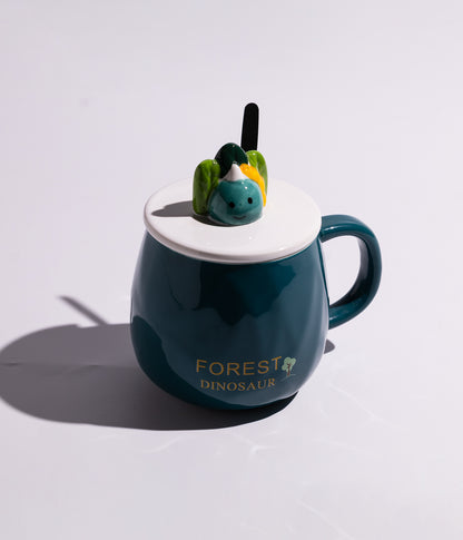 كوب سيراميك بعبارات لطيفة مزوّد بغطاء بمجسم ديناصور وملعقة