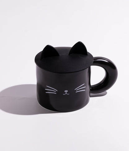 كوب سيراميك بتصميم وجه قطة مبتسمة مع غطاء بأذنين
