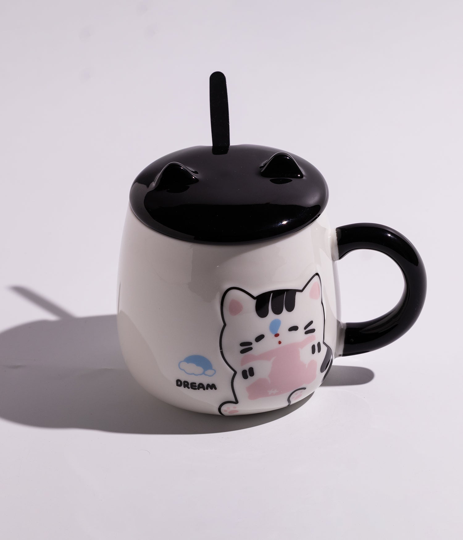 كوب سيراميك بتصميم القطة المرحة مع غطاء بأذنين وملعقة
