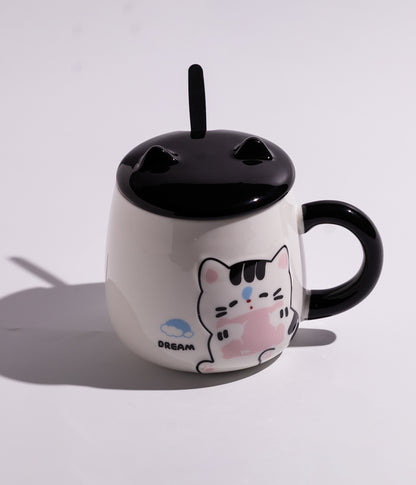كوب سيراميك بتصميم القطة المرحة مع غطاء بأذنين وملعقة
