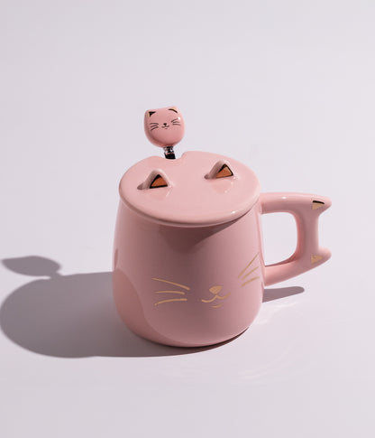 كوب سيراميك بتصميم وجه القطة مع غطاء وملعقة