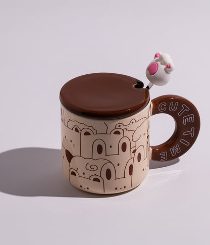 كوب سيراميك بتصميم أرانب لطيفة مع غطاء وملعقة