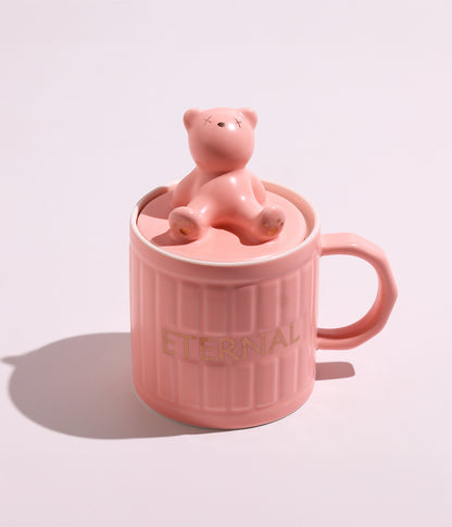 كوب سيراميك بتصميم دب على الغطاء مع ملعقة