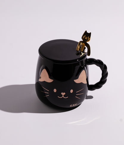 كوب سيراميك اسود بتصميم وجه القطة الذهبية مع غطاء ومعلقة