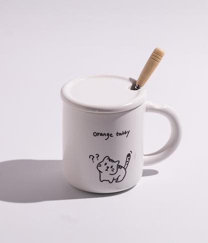 كوب قهوة سيراميك برسمة قطة مرحة مع غطاء وملعقة