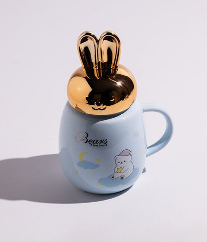 كوب سيراميك بتصميم أرانب ودببة مع غطاء بأذنين