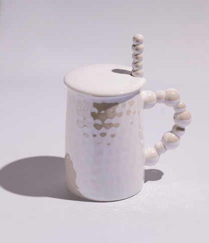كوب قهوة سيراميك بمقبض لؤلؤ أنيق مع ملعقة وغطاء