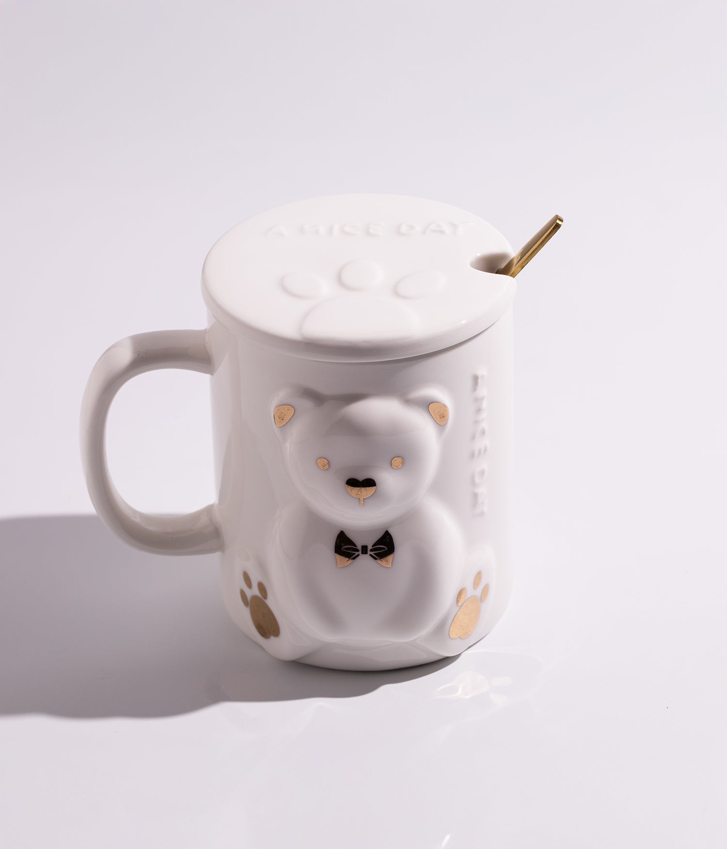 كوب قهوة سيراميك بتصميم مجسم دب مع غطاء وملعقة