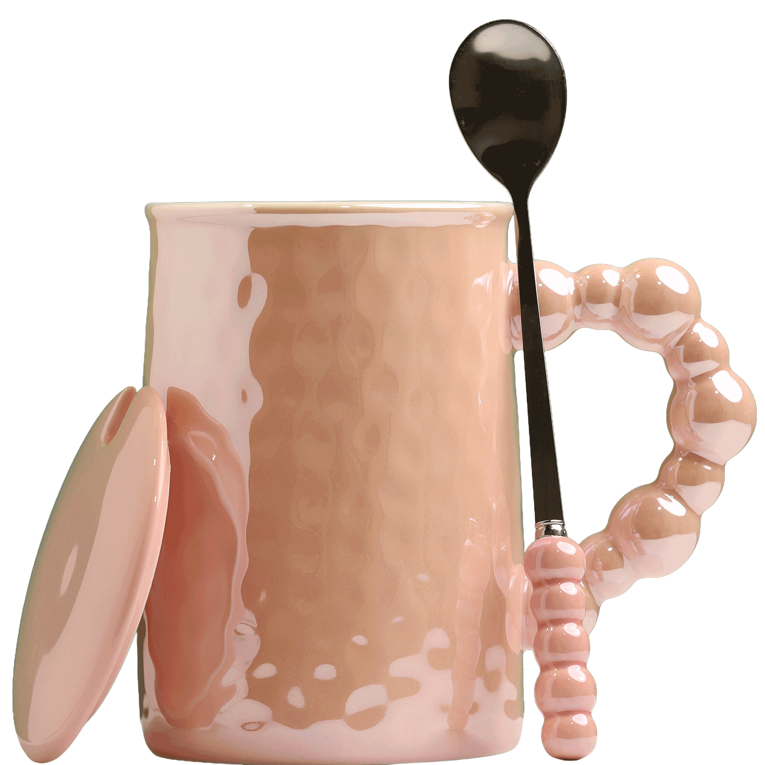 Pink ceramic mug with unique pearl handle, lid and spoon