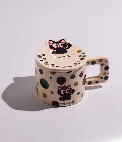 كوب سيراميك بتصميم قطة ونقط ملونة مع غطاء لحفظ الحرارة
