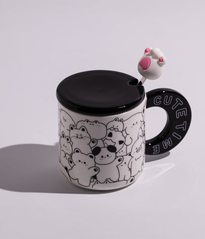 كوب سيراميك بتصميم أرانب لطيفة مع غطاء وملعقة