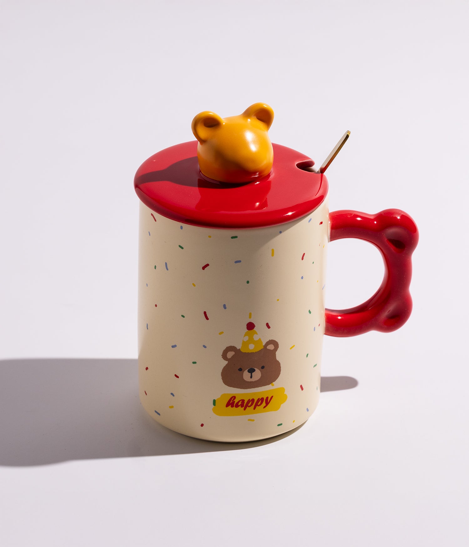 كوب سيراميك برسومات ومجسم رأس الدب على الغطاء مع ملعقة