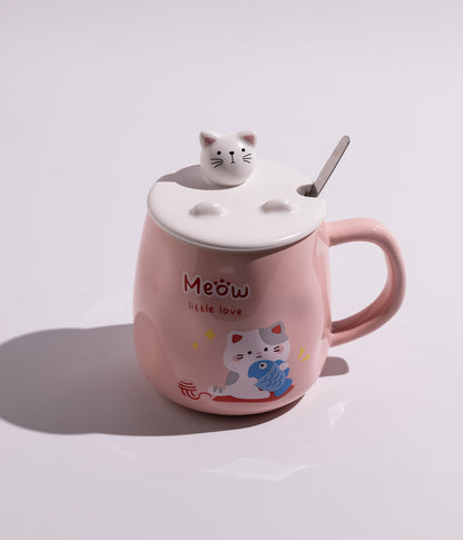 كوب سيراميك بتصميم قطة لطيفة مع غطاء وملعقة