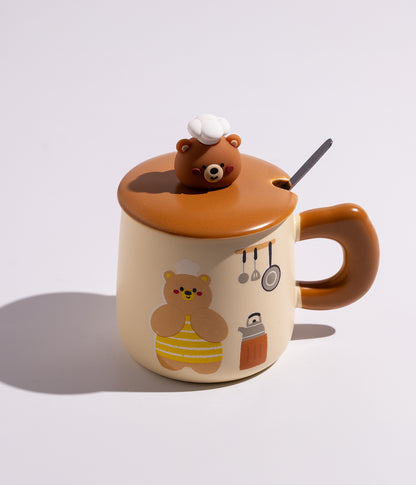 كوب سيراميك بتصميم دباديب لطيفة مع غطاء وملعقة