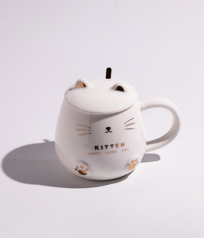 كوب سيراميك بتصميم وجه القطط المرحة مع غطاء بأذنين وملعقة ذهبية