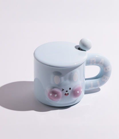 كوب سيراميك بتصميم وجه أرنب مع غطاء وملعقة
