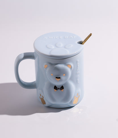 كوب قهوة سيراميك بتصميم مجسم دب مع غطاء وملعقة
