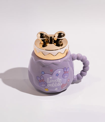 كوب سيراميك برسمة الارنب البنفسجي بغطاء محكم الاغلاق