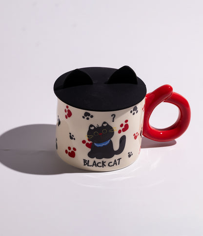 كوب سيراميك بتصميم وجه القطط المرحة مع غطاء بأذنين