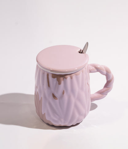 كوب سيراميك بتصميم امواج وبغطاء وملعقة