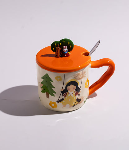 كوب سيراميك بتصميم الفتاة المرحة وغطاء بديكور شجرة مع ملعقة