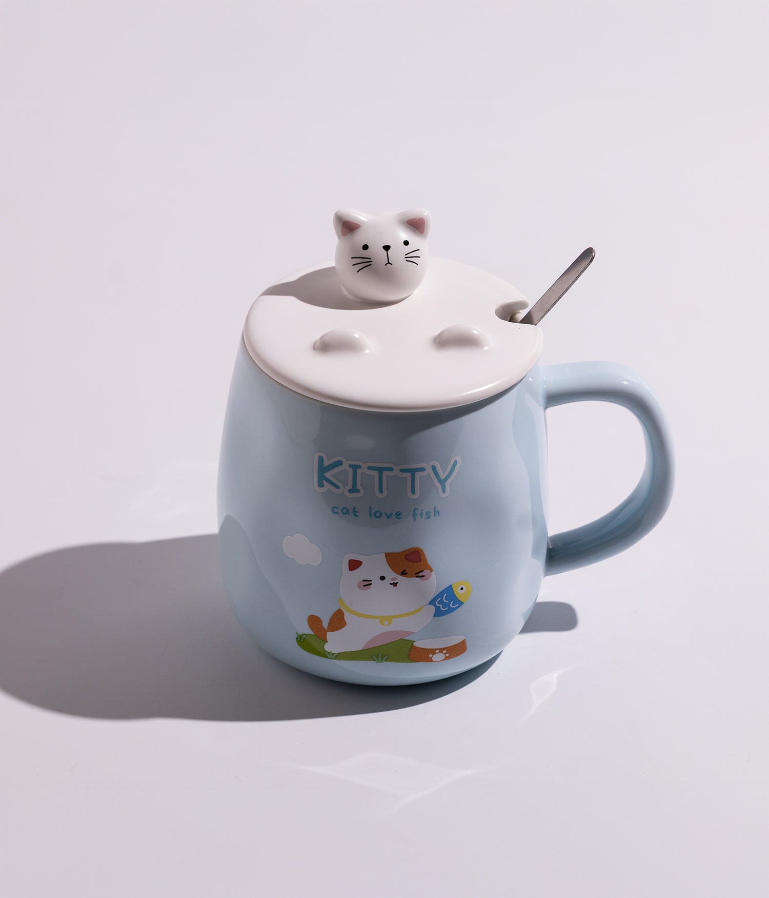 كوب سيراميك بتصميم قطة لطيفة مع غطاء وملعقة